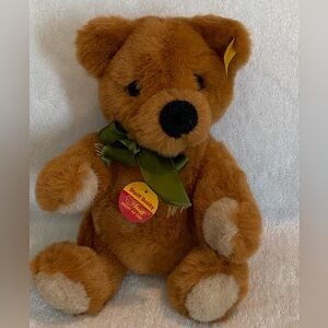 Steiff Bobby Teddy Bear Ltd Ed Jointed W/ Button Tag Green Bow Soft Tan Brown 8”